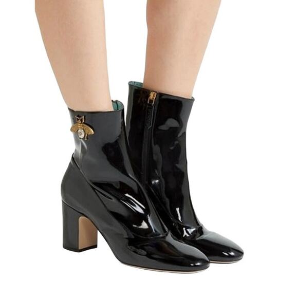 GUCCI Lois Bee Embellished Patent Leather Booties Block Heel Sz 35/US 5 - Picture 1 of 16